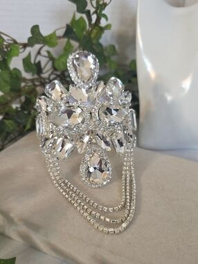 Glamorous Silver Crystal Statement Arm Cuff Bracelet with Drape Fringe